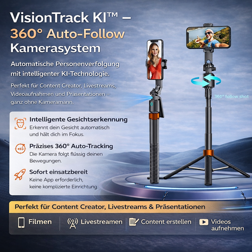 VisionTrack KI™ – 360° Auto-Follow Kamerasystem + Gestensteuerung